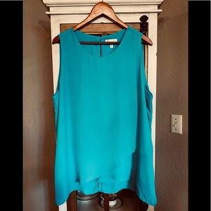 Neiman Marcus Sleeveless Asymmetric Layered Tunic Blouse in Turquoise
